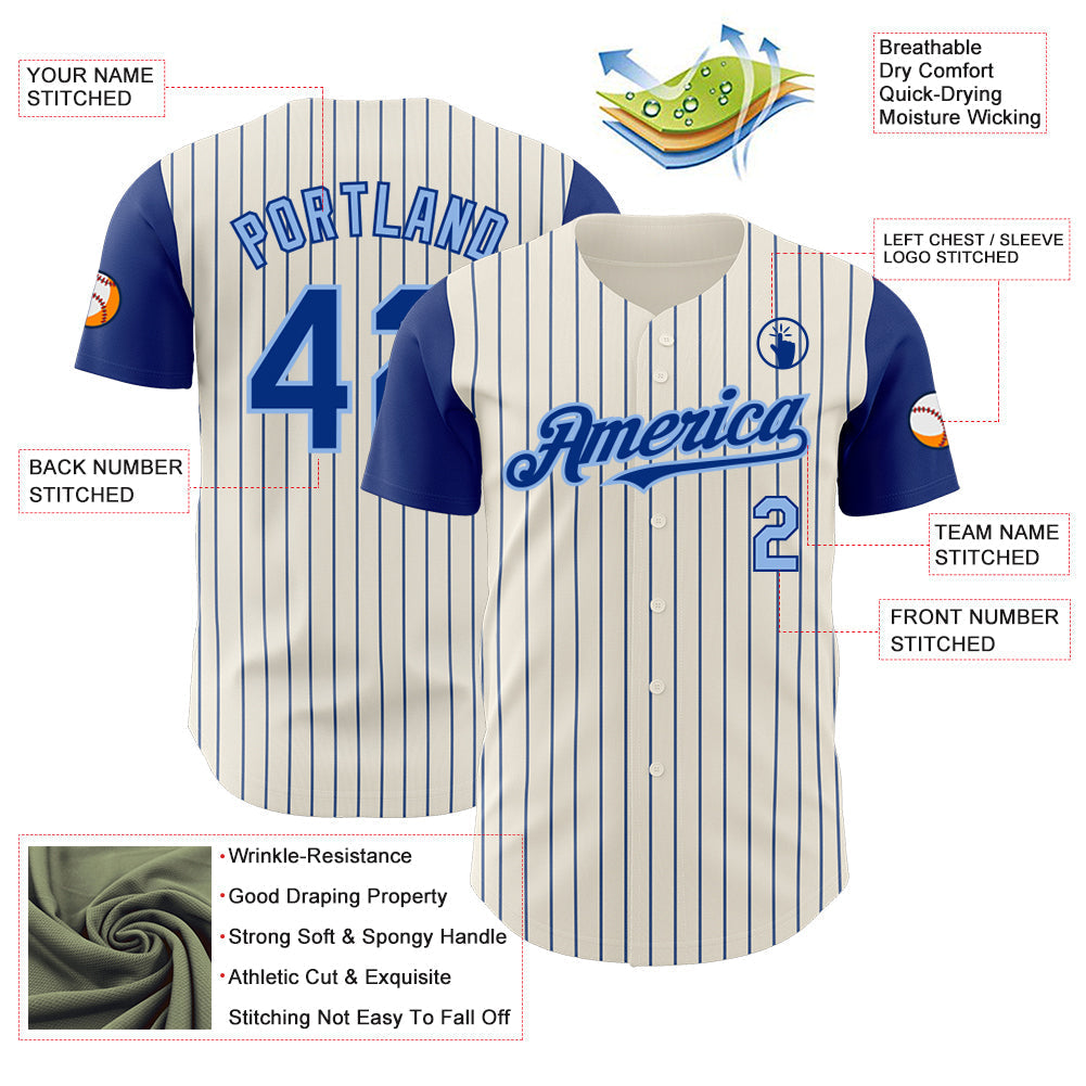 Custom Cream Royal Pinstripe Light Blue Authentic Two Tone Baseball Jersey baseball jersey product view 3