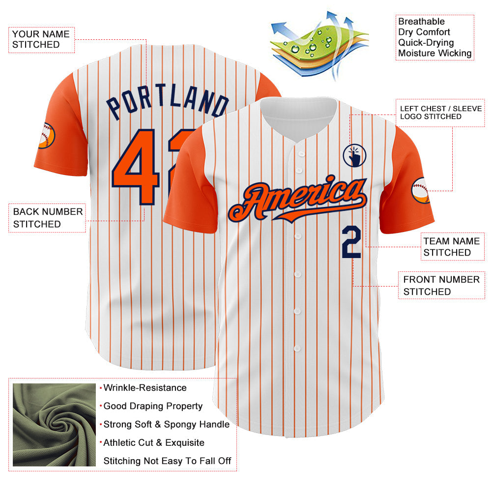 Custom White Orange Pinstripe Navy Authentic Two Tone Baseball Jersey baseball jersey product view 3