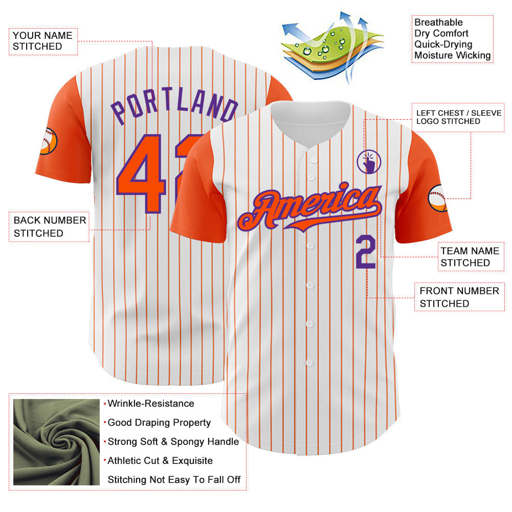 Custom White Orange Pinstripe Purple Authentic Two Tone Baseball Jersey baseball jersey product view 3