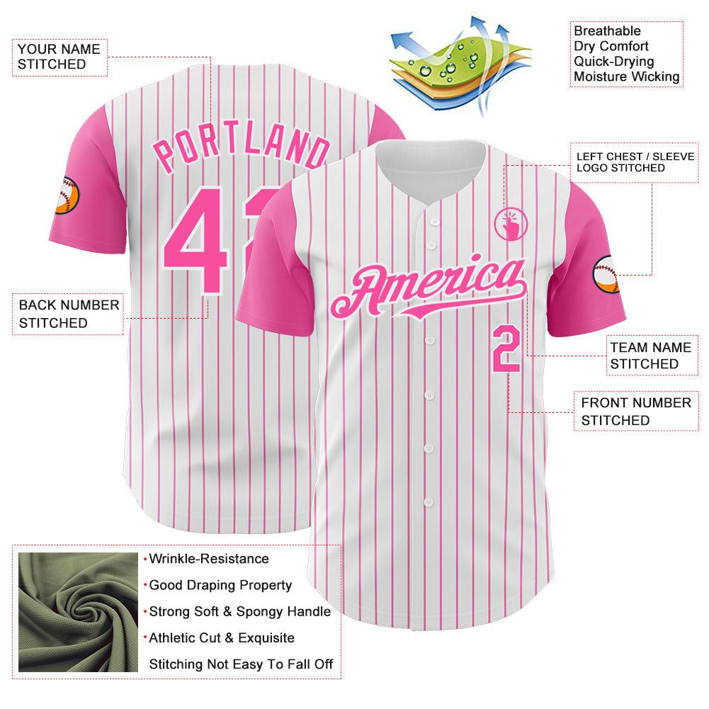 Custom White Pink Pinstripe Pink Authentic Two Tone Baseball Jersey baseball jersey product view 3