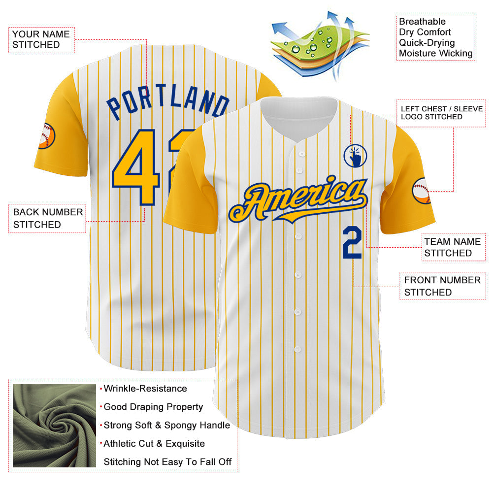 Custom White Gold Pinstripe Royal Authentic Two Tone Baseball Jersey baseball jersey product view 3