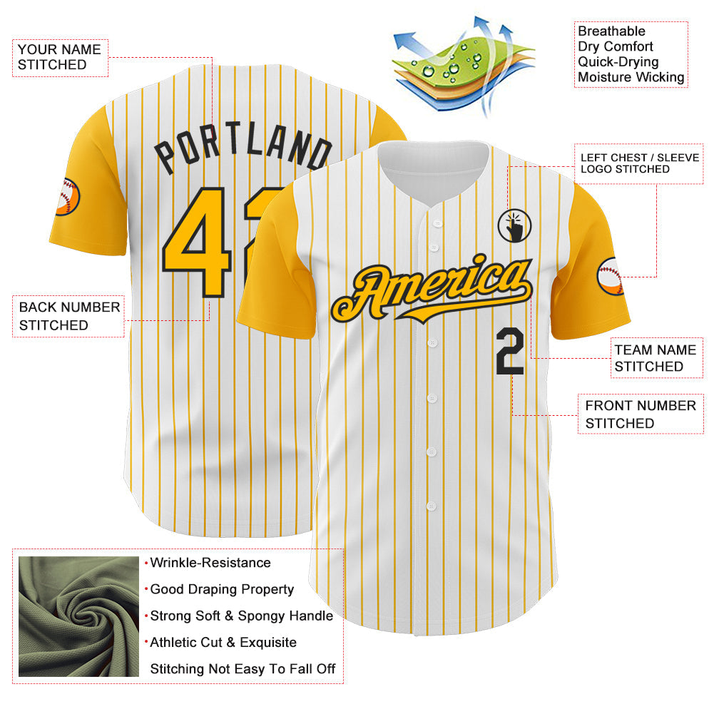 Custom White Gold Pinstripe Black Authentic Two Tone Baseball Jersey baseball jersey product view 3
