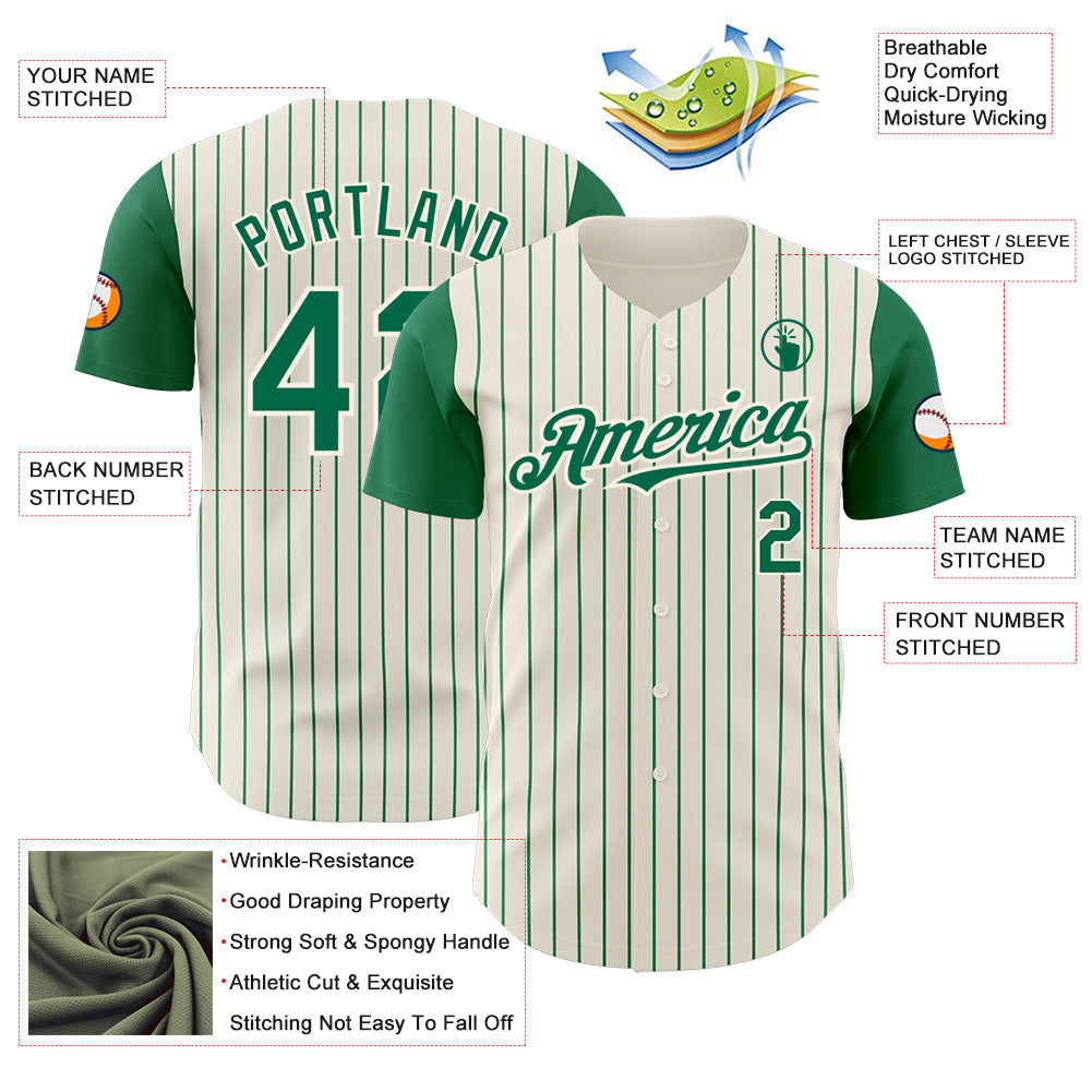Custom Cream Kelly Green Pinstripe Kelly Green Authentic Two Tone Baseball Jersey baseball jersey product view 3