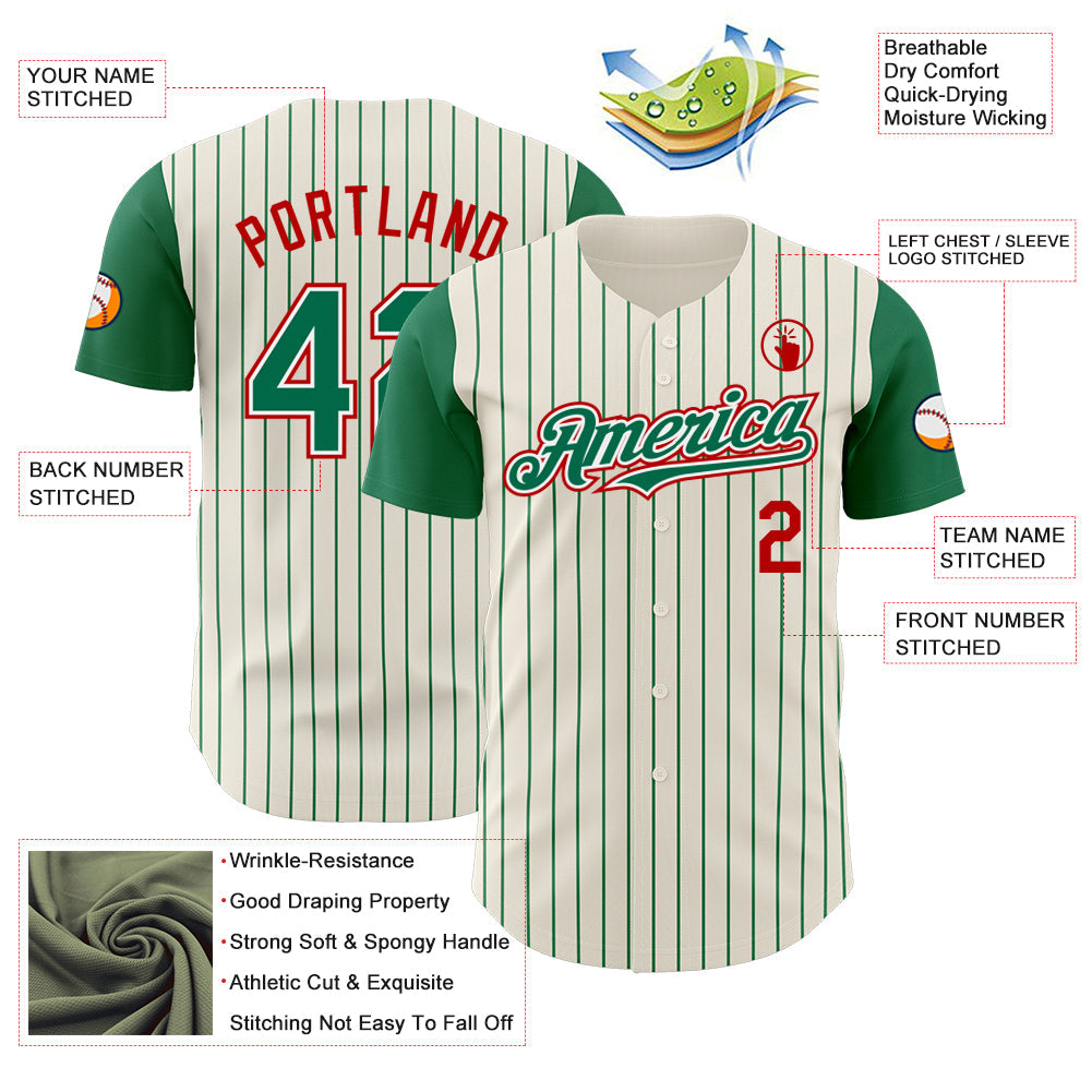 Custom Cream Kelly Green Pinstripe White-Red Authentic Two Tone Baseball Jersey baseball jersey product view 3