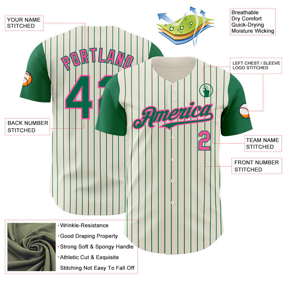 Custom Cream Kelly Green Pinstripe Pink Authentic Two Tone Baseball Jersey baseball jersey product view 3
