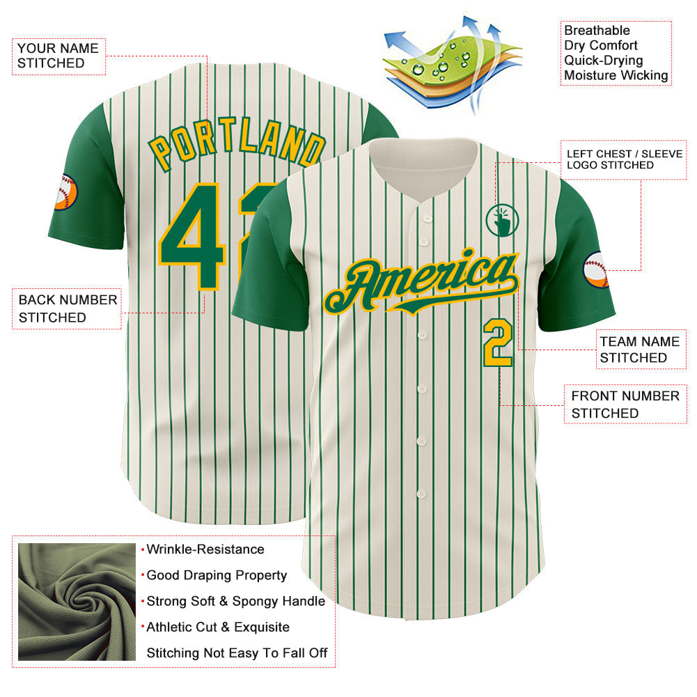 Custom Cream Kelly Green Pinstripe Gold Authentic Two Tone Baseball Jersey baseball jersey product view 3