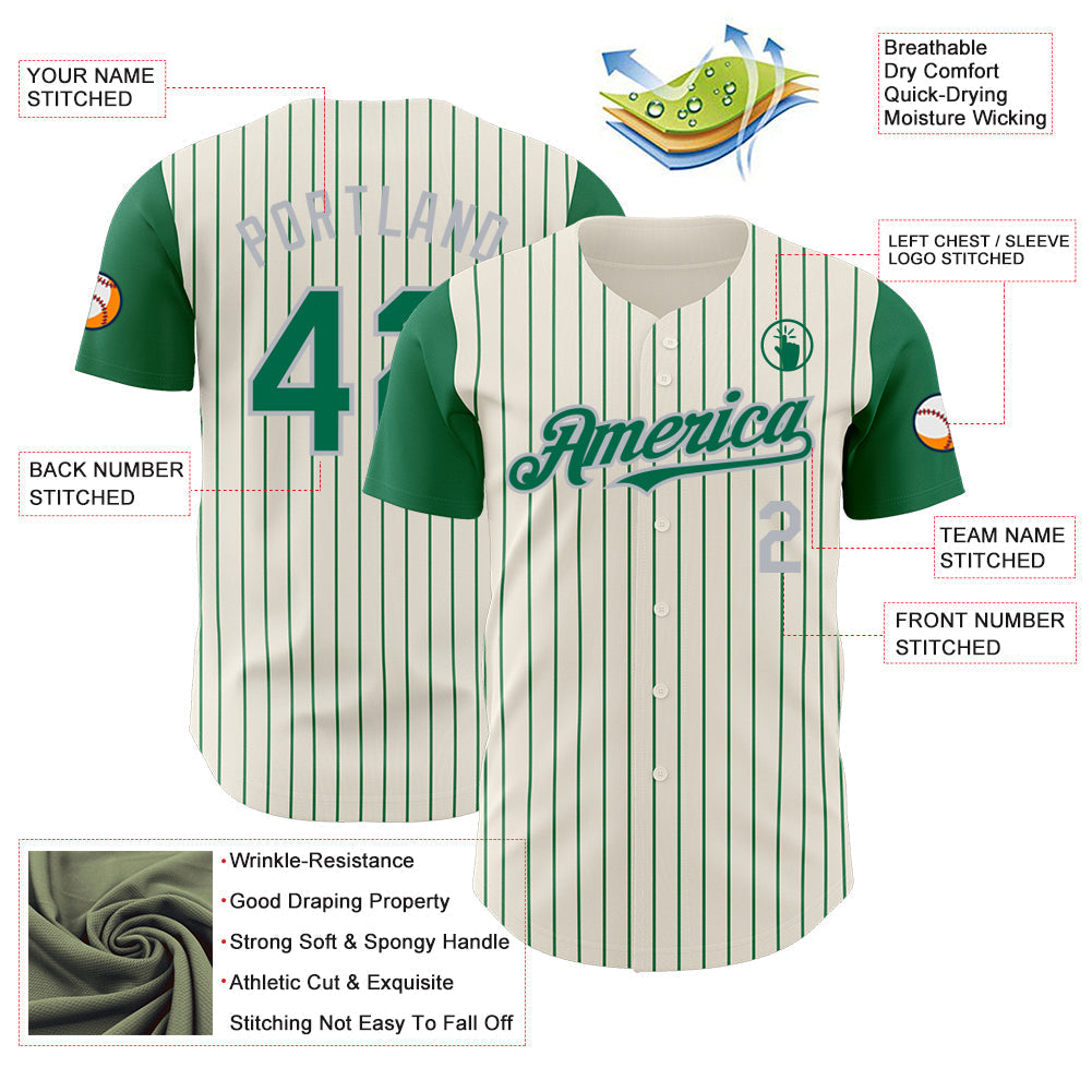 Custom Cream Kelly Green Pinstripe Gray Authentic Two Tone Baseball Jersey baseball jersey product view 3