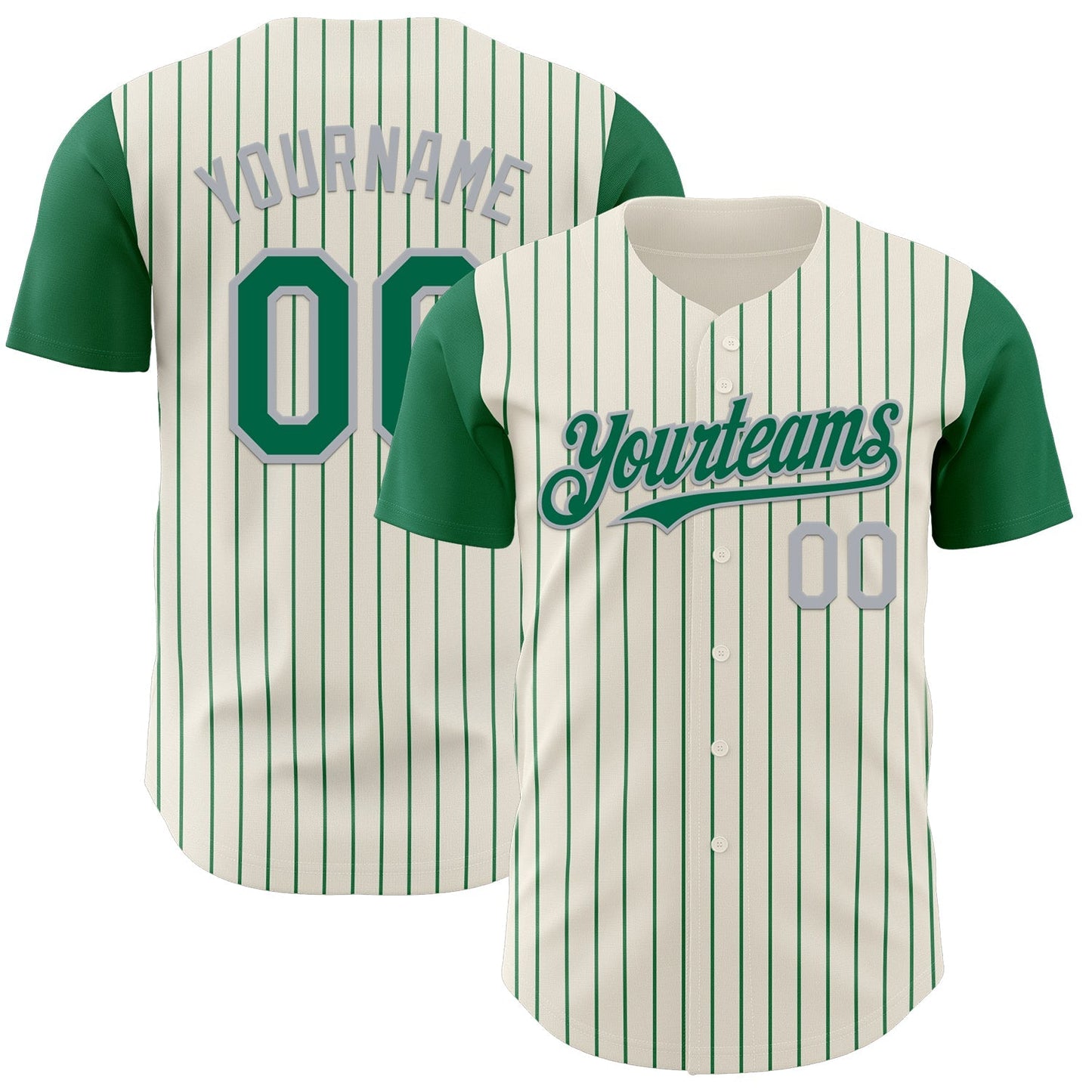 Custom Cream Kelly Green Pinstripe Gray Authentic Two Tone Baseball Jersey baseball jersey product view 1