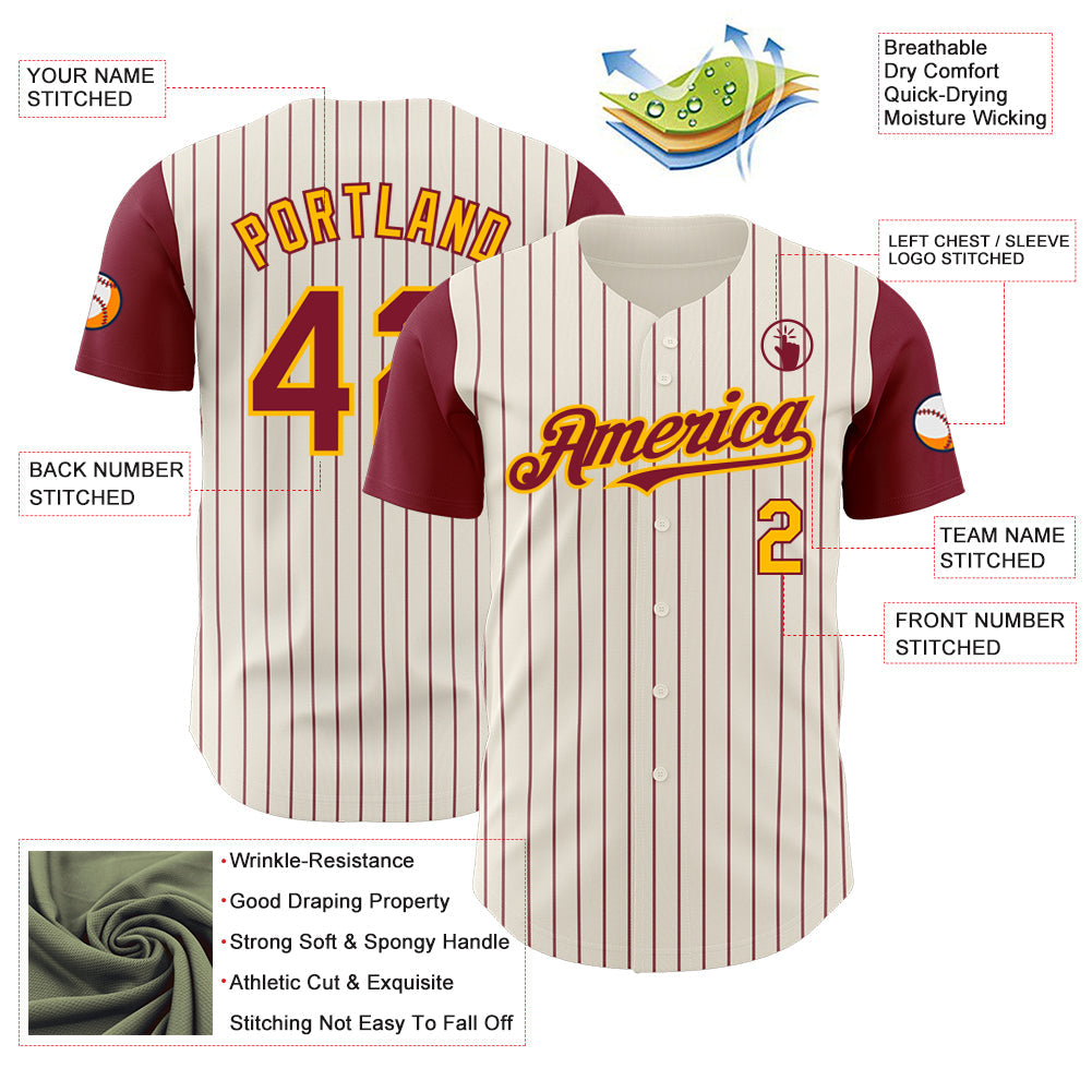 Custom Cream Crimson Pinstripe Gold Authentic Two Tone Baseball Jersey baseball jersey product view 3