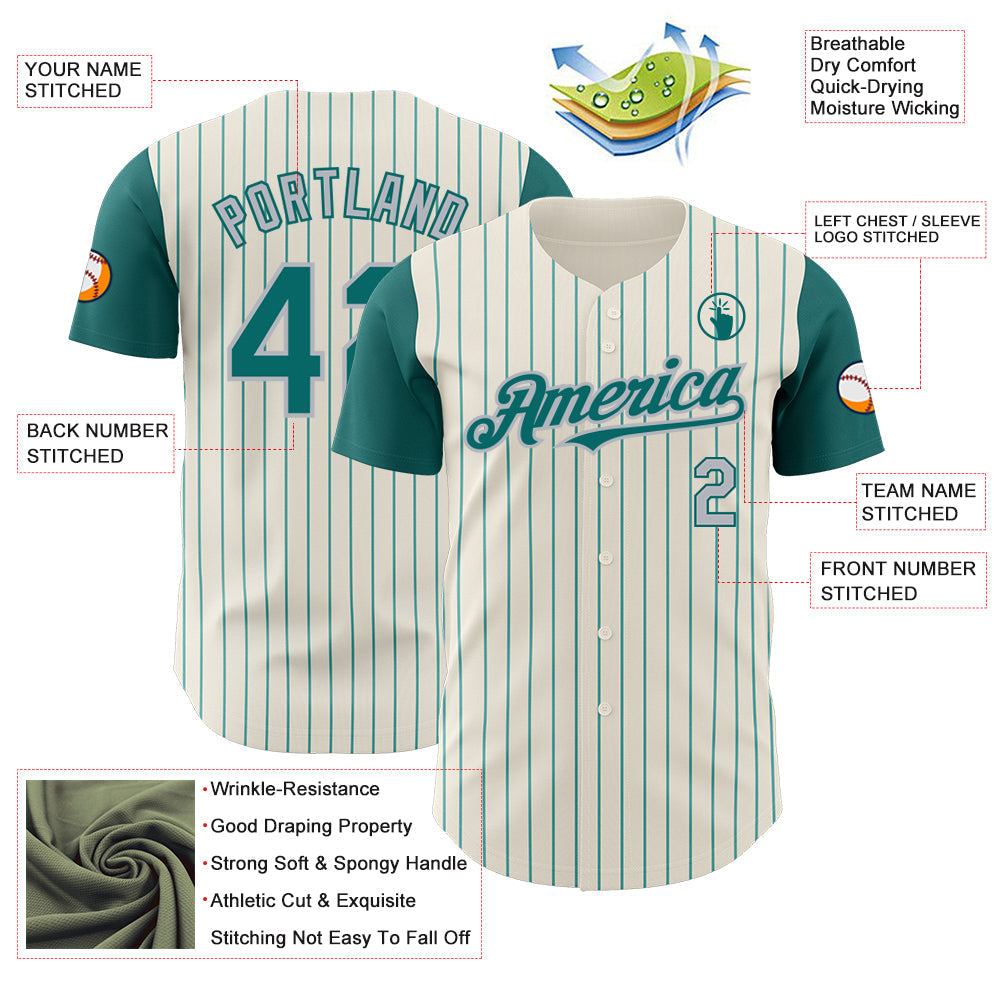 Custom Cream Teal Pinstripe Gray Authentic Two Tone Baseball Jersey baseball jersey product view 3