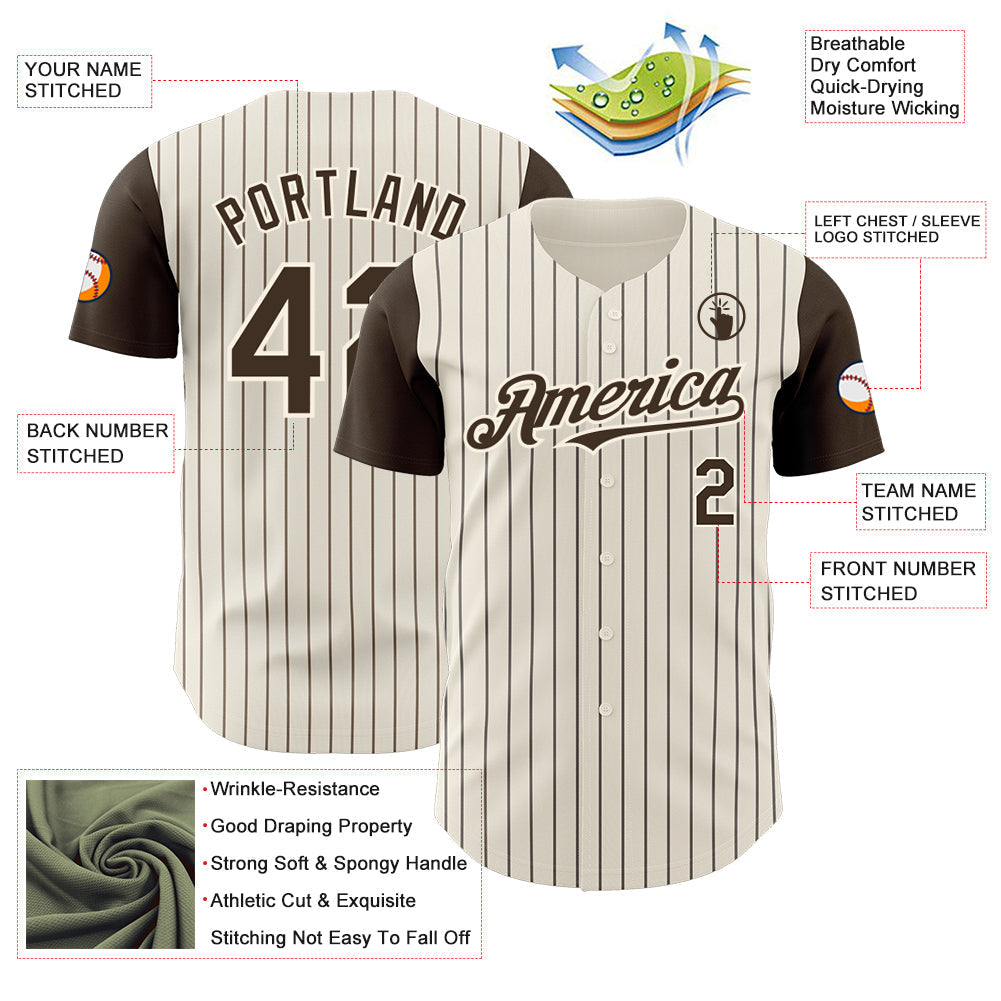 Custom Cream Brown Pinstripe Brown Authentic Two Tone Baseball Jersey baseball jersey product view 3