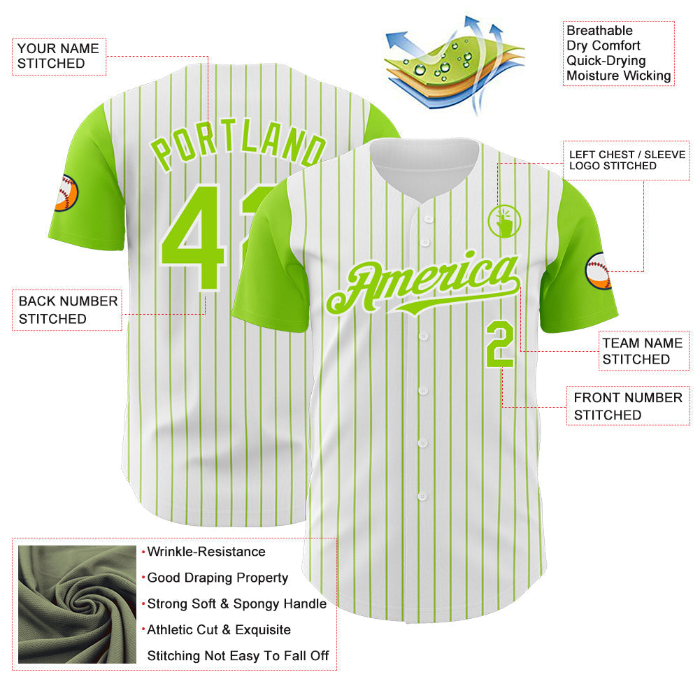Custom White Neon Green Pinstripe Neon Green Authentic Two Tone Baseball Jersey baseball jersey product view 3