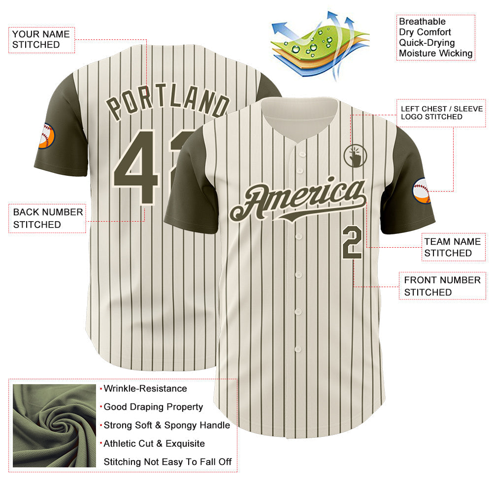 Custom Cream Olive Pinstripe Olive Authentic Two Tone Baseball Jersey baseball jersey product view 3