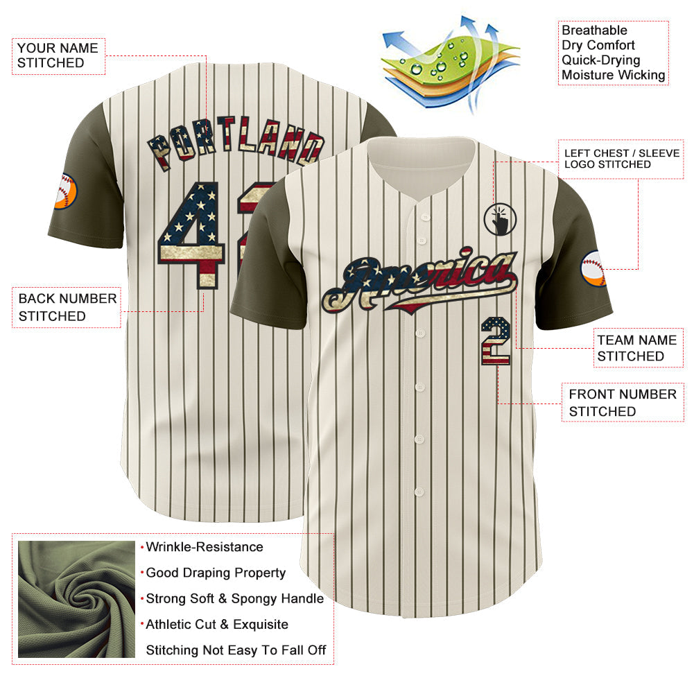 Custom Cream Olive Pinstripe Vintage USA Flag-Black Authentic Two Tone Baseball Jersey baseball jersey product view 3