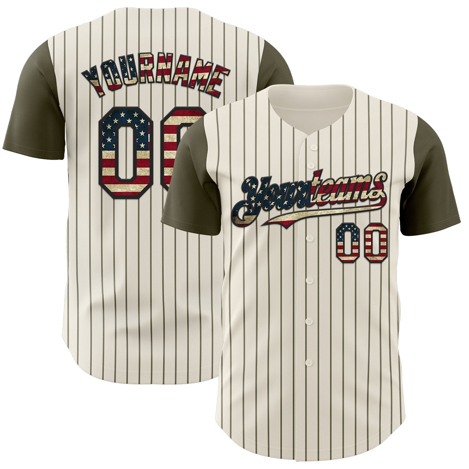 Custom Cream Olive Pinstripe Vintage USA Flag-Black Authentic Two Tone Baseball Jersey baseball jersey product view 1