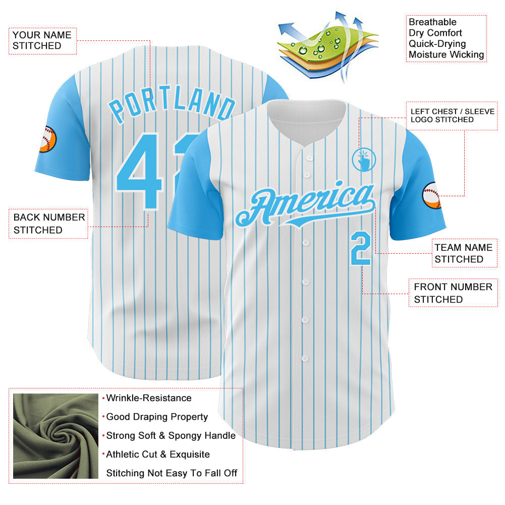 Custom White Sky Blue Pinstripe Sky Blue Authentic Two Tone Baseball Jersey baseball jersey product view 3