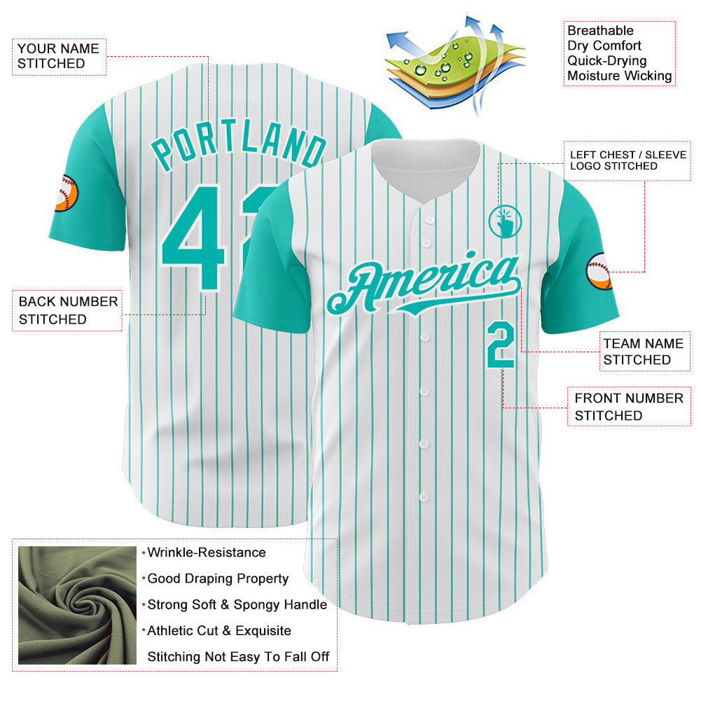 Custom White Aqua Pinstripe Aqua Authentic Two Tone Baseball Jersey baseball jersey product view 3