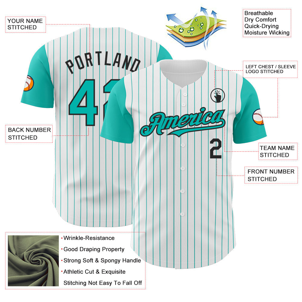 Custom White Aqua Pinstripe Black Authentic Two Tone Baseball Jersey baseball jersey product view 3
