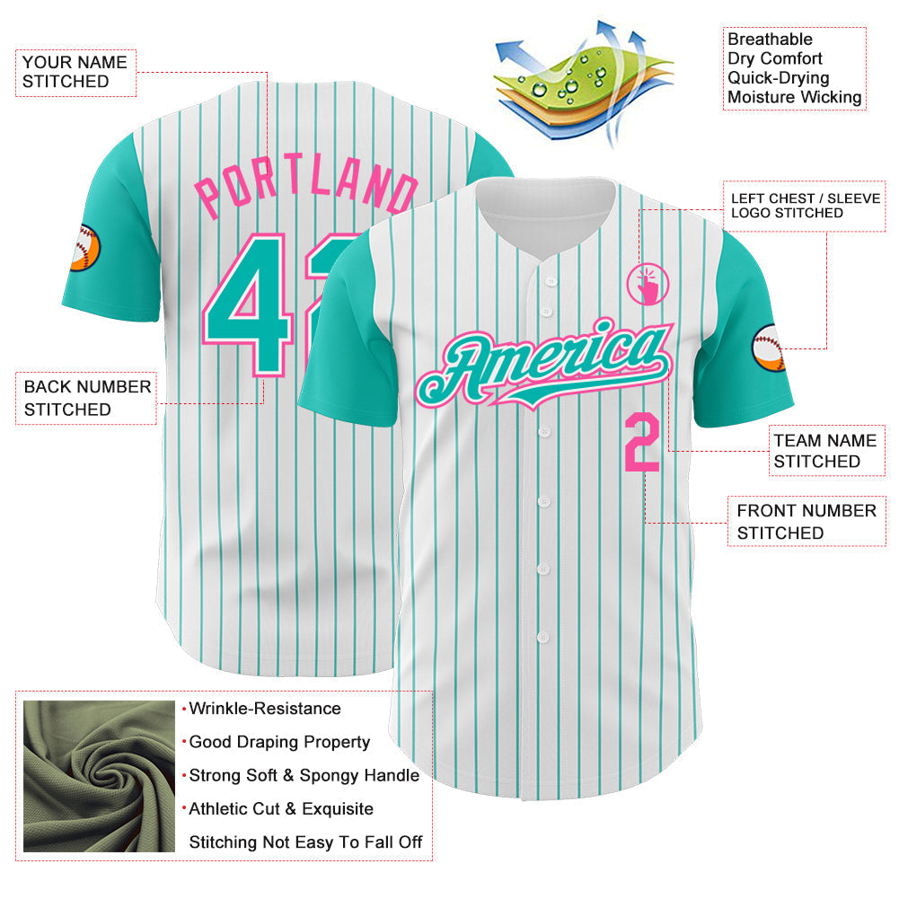 Custom White Aqua Pinstripe Pink Authentic Two Tone Baseball Jersey baseball jersey product view 3
