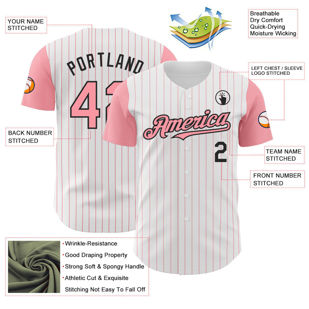 Custom White Medium Pink Pinstripe Black Authentic Two Tone Baseball Jersey baseball jersey product view 3
