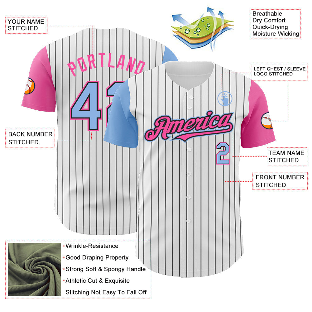Custom White Black Pinstripe Light Blue-Pink Authentic Two Tone Baseball Jersey baseball jersey product view 3