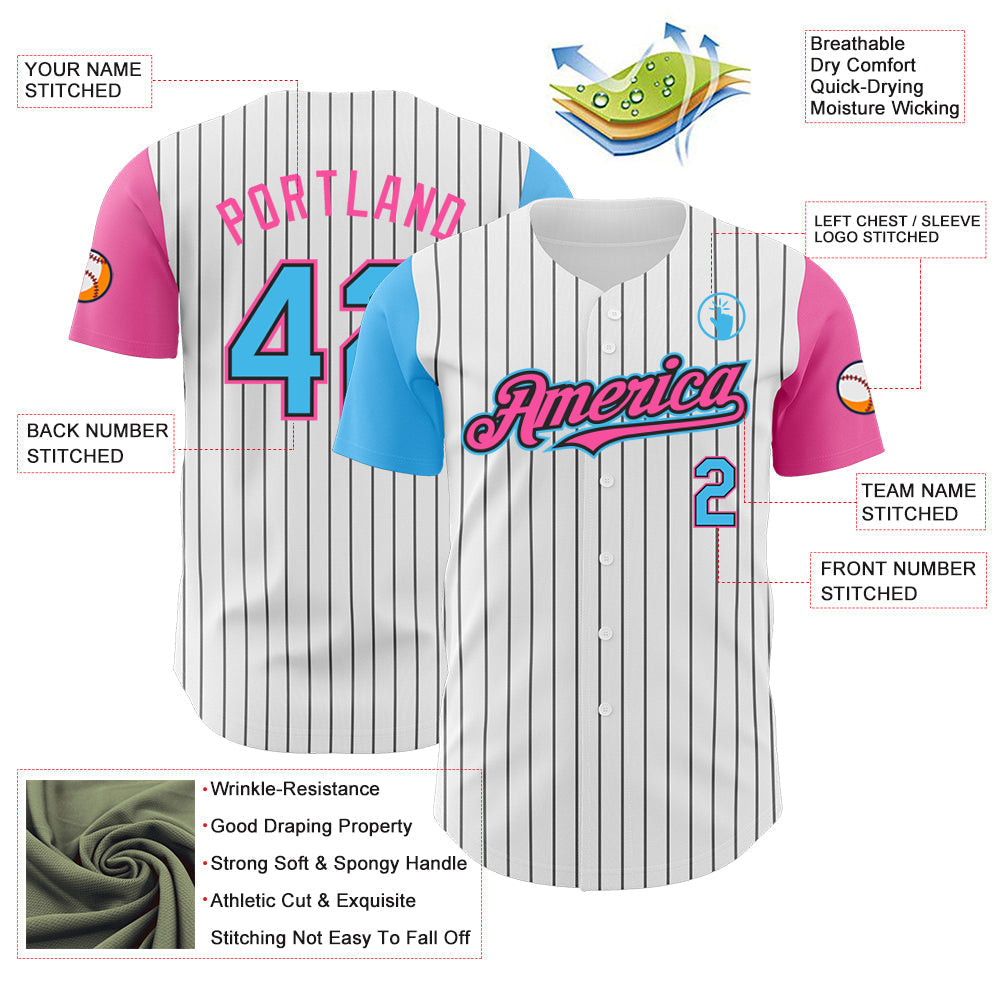 Custom White Black Pinstripe Sky Blue-Pink Authentic Two Tone Baseball Jersey baseball jersey product view 3