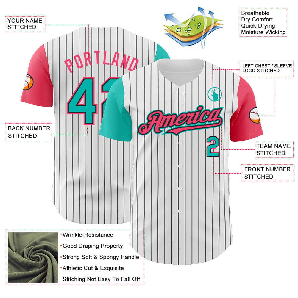 Custom White Black Pinstripe Aqua-Neon Pink Authentic Two Tone Baseball Jersey baseball jersey product view 3