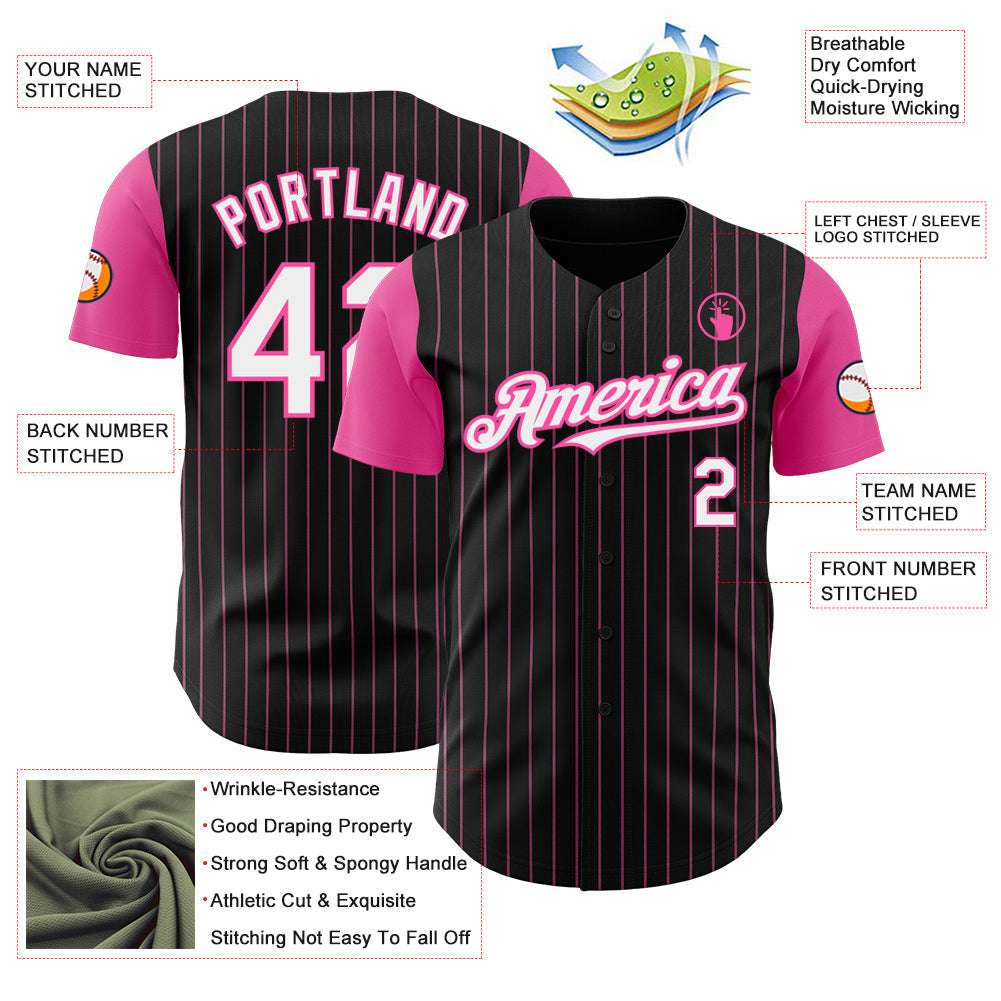 Custom Black Pink Pinstripe White Authentic Two Tone Baseball Jersey baseball jersey product view 3