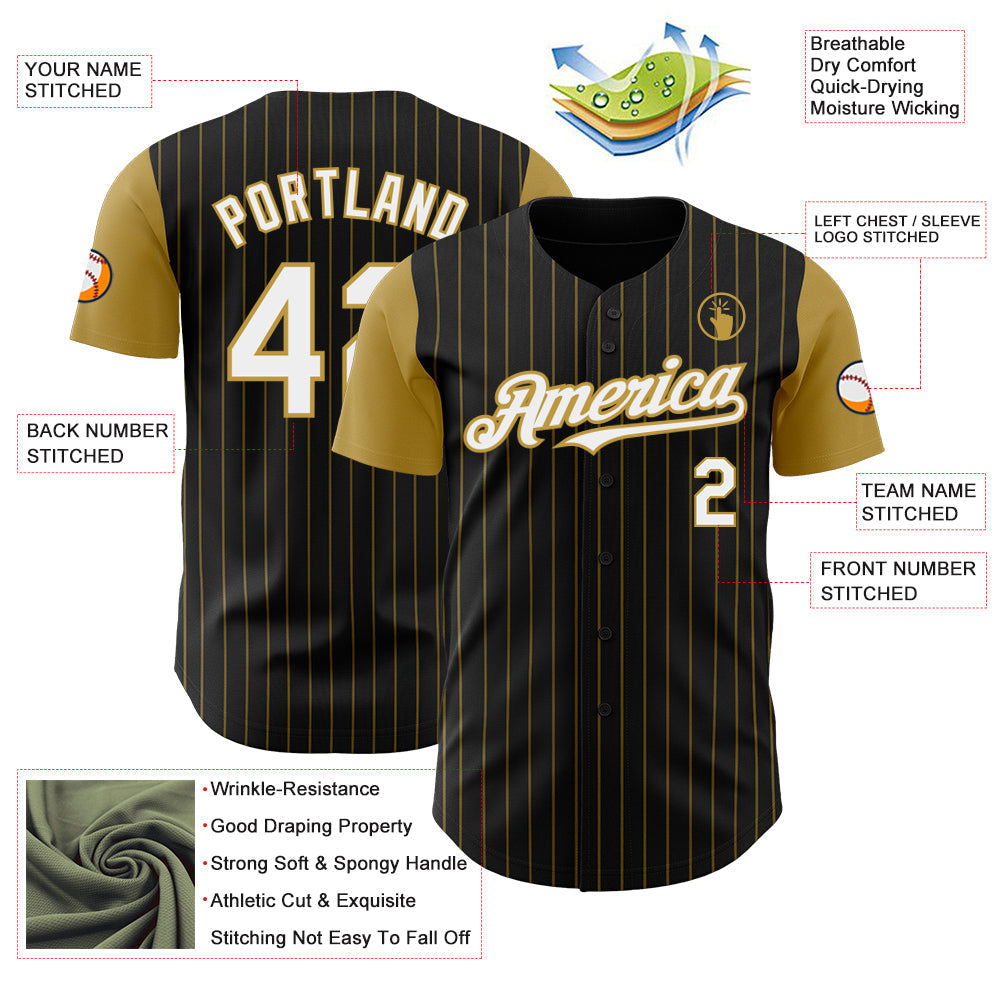 Custom Black Old Gold Pinstripe White Authentic Two Tone Baseball Jersey baseball jersey product view 3