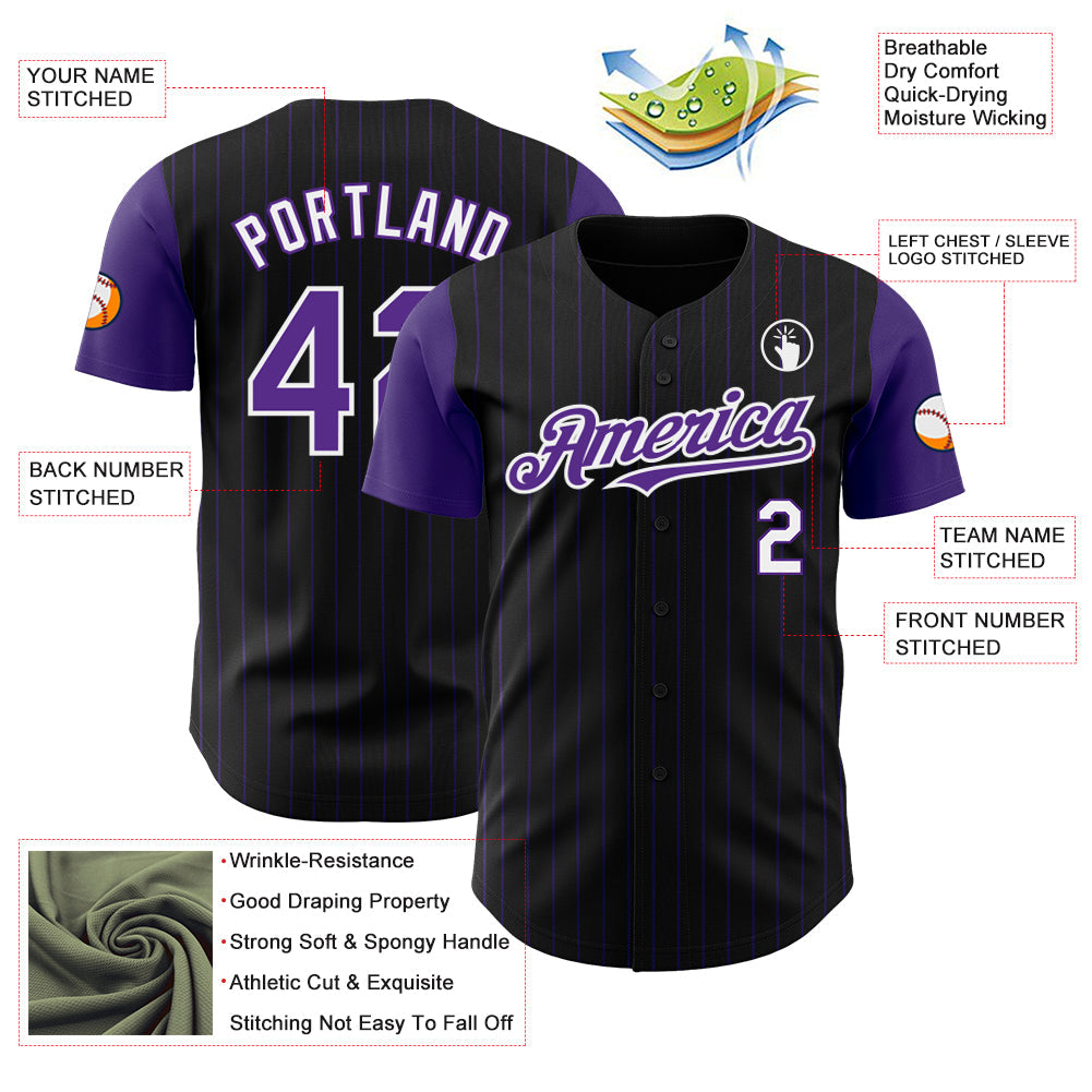 Custom Black Purple Pinstripe White Authentic Two Tone Baseball Jersey baseball jersey product view 3