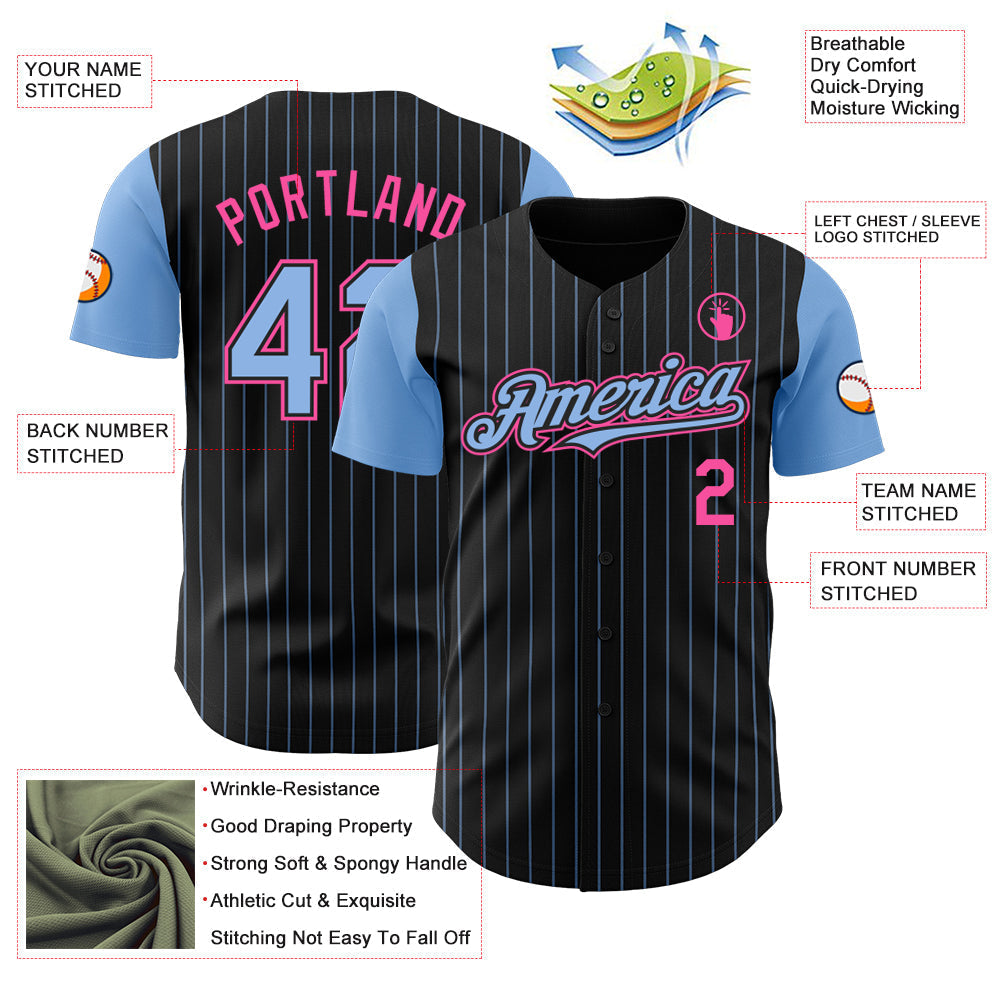 Custom Black Light Blue Pinstripe Pink Authentic Two Tone Baseball Jersey baseball jersey product view 3