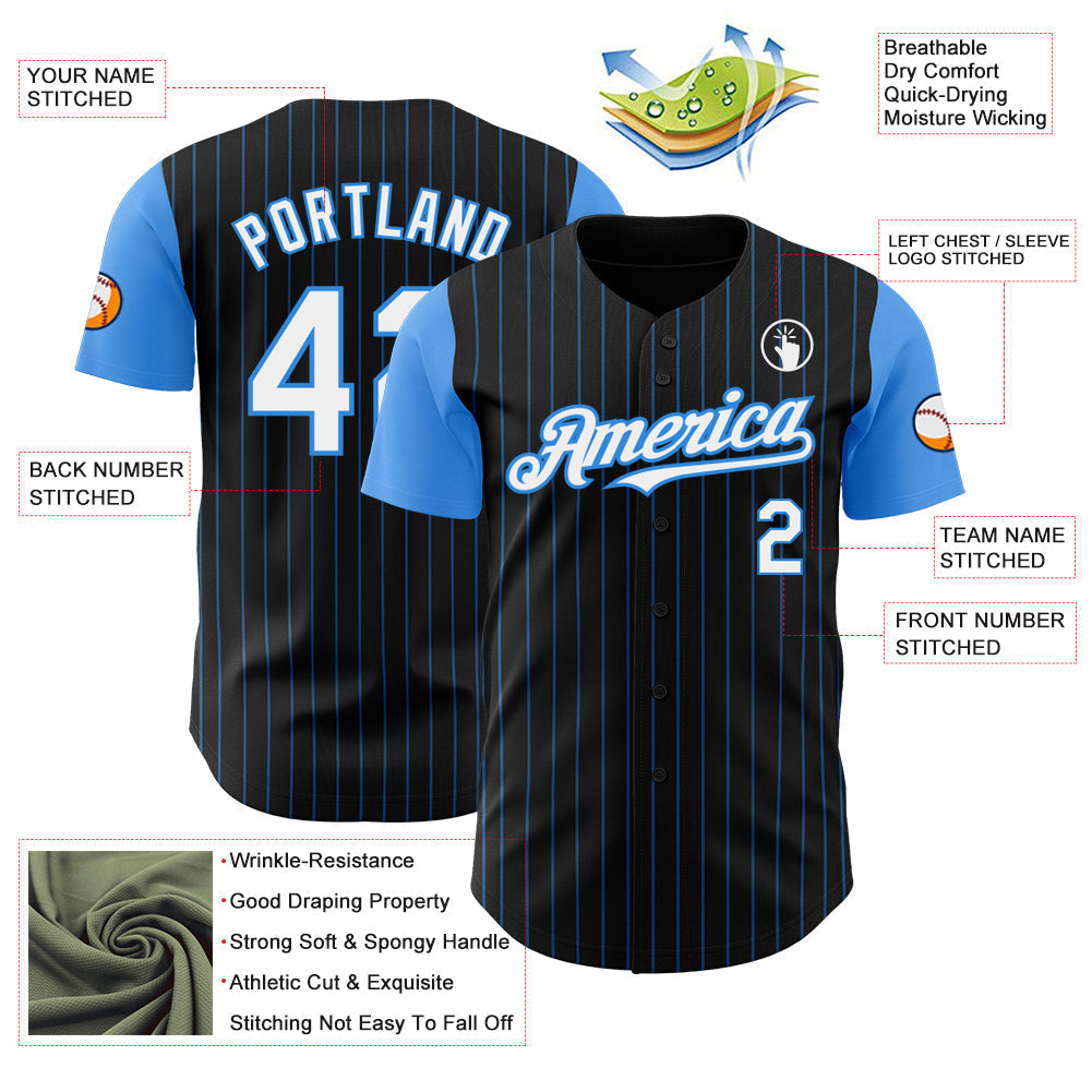 Custom Black Electric Blue Pinstripe White Authentic Two Tone Baseball Jersey baseball jersey product view 3