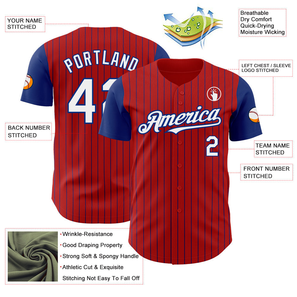 Custom Red Royal Pinstripe White Authentic Two Tone Baseball Jersey baseball jersey product view 3