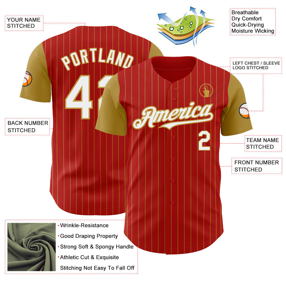 Custom Red Old Gold Pinstripe White Authentic Two Tone Baseball Jersey baseball jersey product view 3