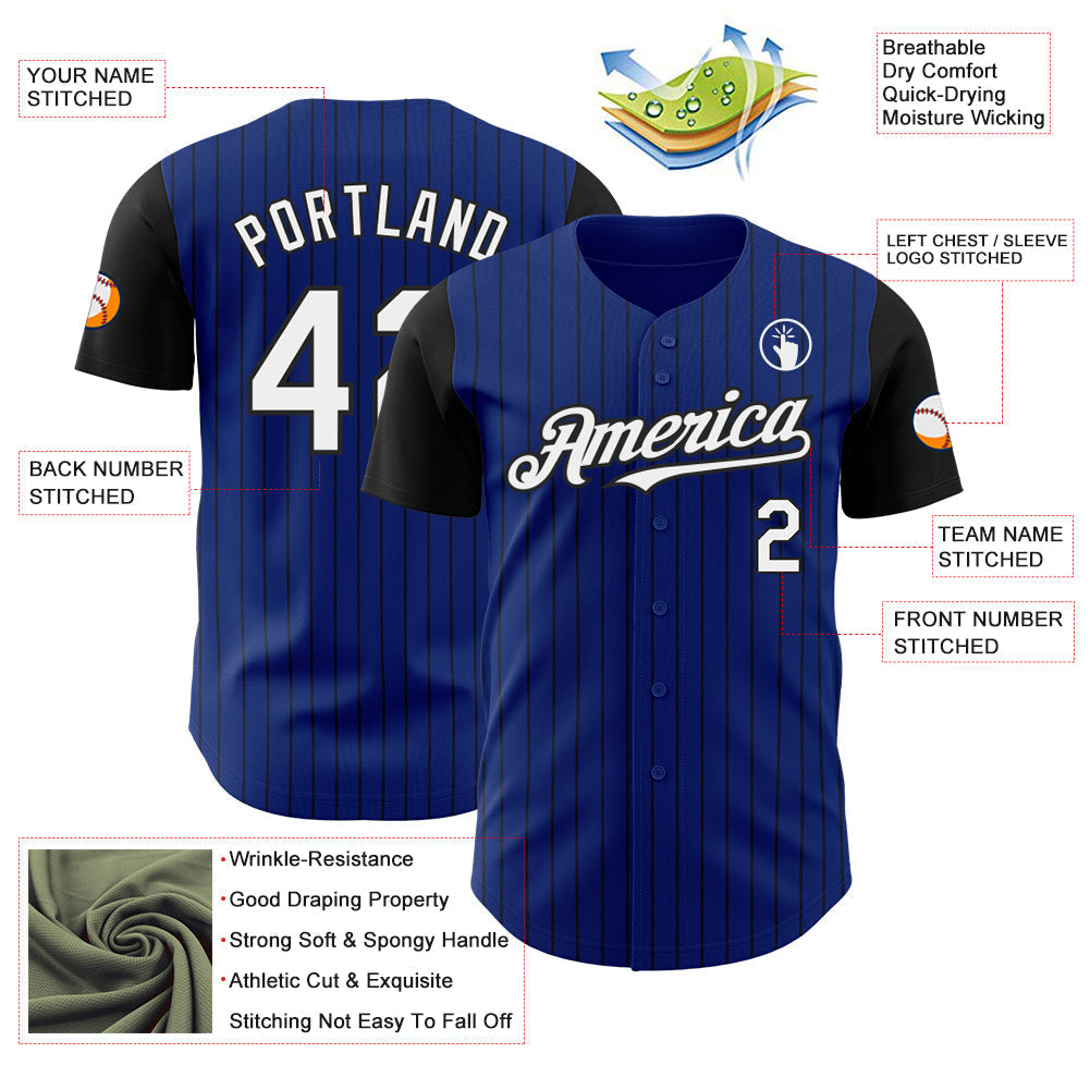 Custom Royal Black Pinstripe White Authentic Two Tone Baseball Jersey baseball jersey product view 3