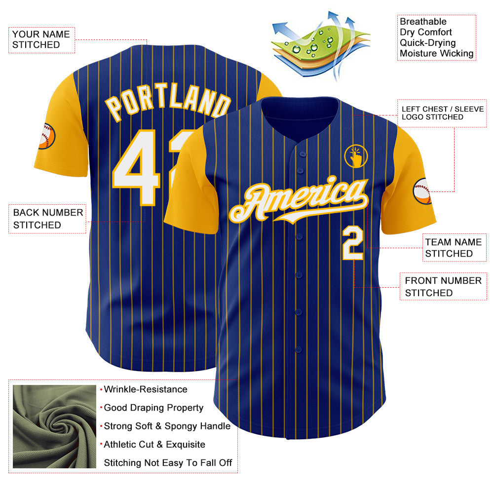 Custom Royal Gold Pinstripe White Authentic Two Tone Baseball Jersey baseball jersey product view 3