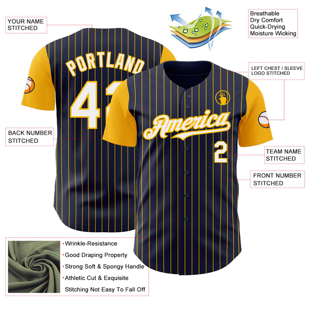 Custom Navy Gold Pinstripe White Authentic Two Tone Baseball Jersey baseball jersey product view 3