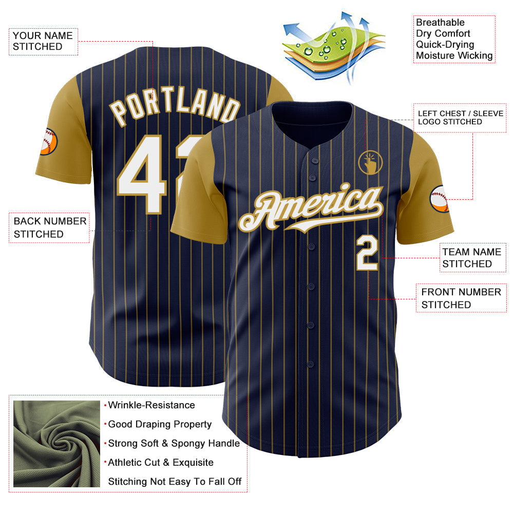 Custom Navy Old Gold Pinstripe White Authentic Two Tone Baseball Jersey baseball jersey product view 3