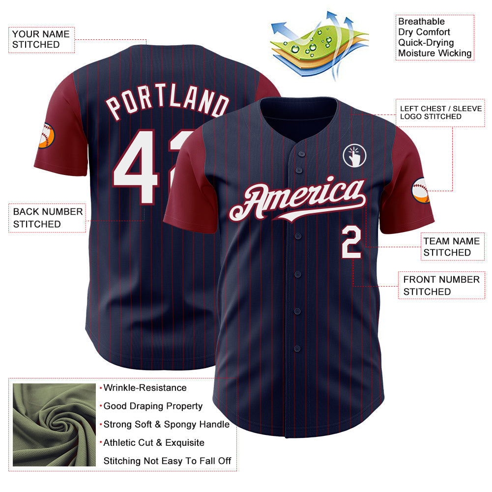 Custom Navy Crimson Pinstripe White Authentic Two Tone Baseball Jersey baseball jersey product view 3