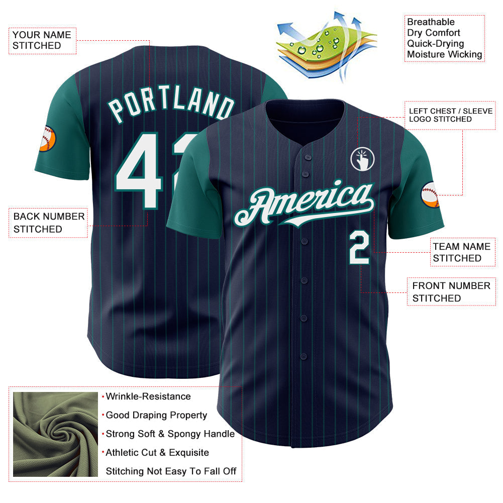 Custom Navy Teal Pinstripe White Authentic Two Tone Baseball Jersey baseball jersey product view 3