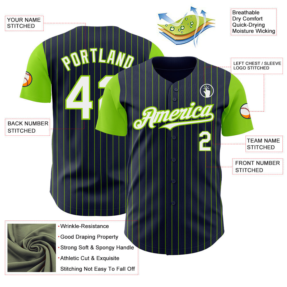 Custom Navy Neon Green Pinstripe White Authentic Two Tone Baseball Jersey baseball jersey product view 3