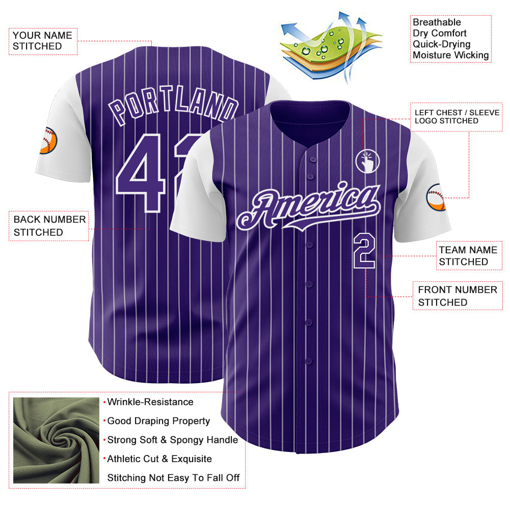 Custom Purple White Pinstripe White Authentic Two Tone Baseball Jersey baseball jersey product view 3