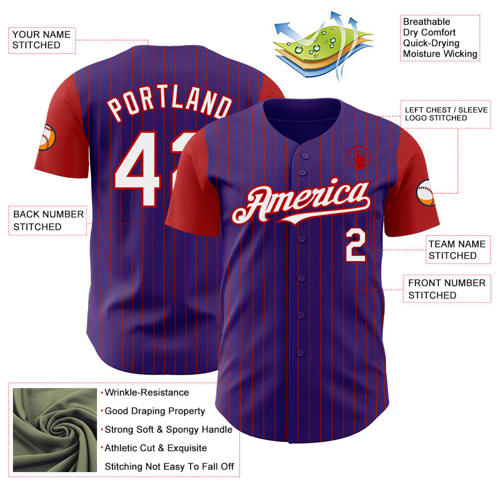 Custom Purple Red Pinstripe White Authentic Two Tone Baseball Jersey baseball jersey product view 3