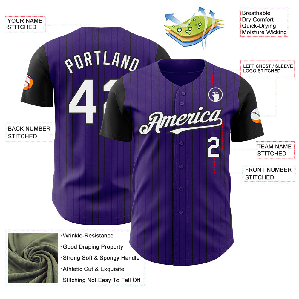 Custom Purple Black Pinstripe White Authentic Two Tone Baseball Jersey baseball jersey product view 3