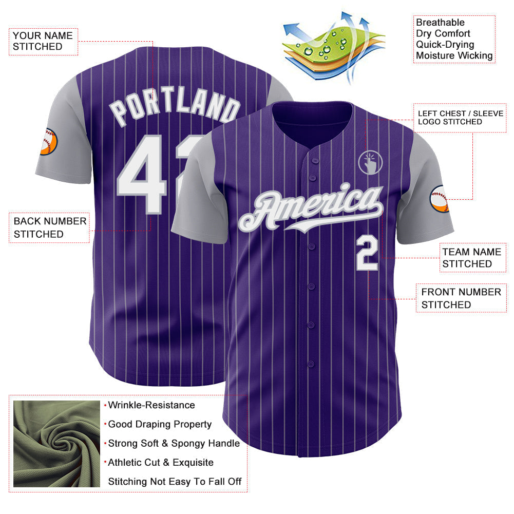 Custom Purple Gray Pinstripe White Authentic Two Tone Baseball Jersey baseball jersey product view 3