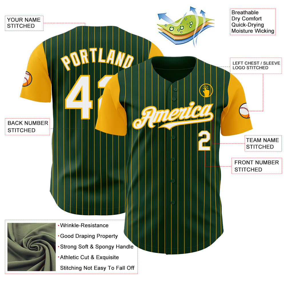 Custom Green Gold Pinstripe White Authentic Two Tone Baseball Jersey baseball jersey product view 3