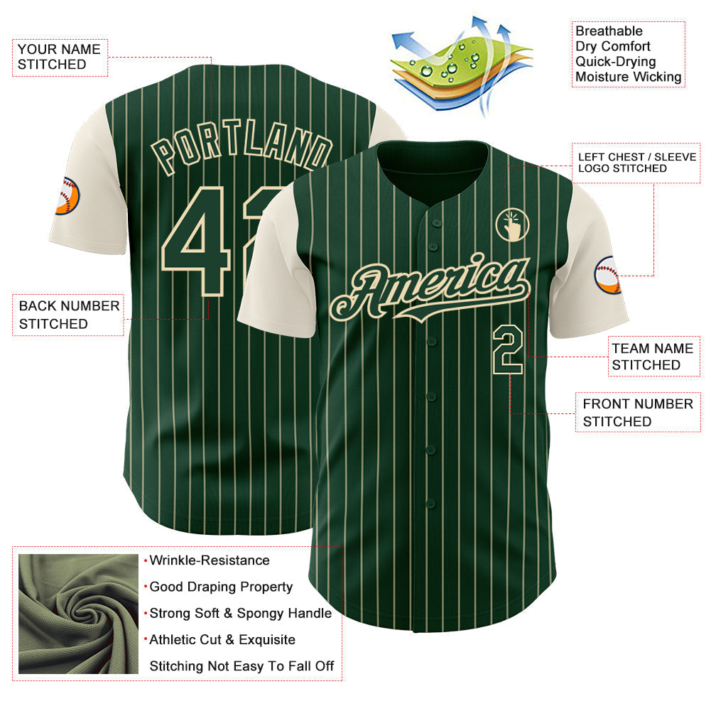 Custom Green Cream Pinstripe Cream Authentic Two Tone Baseball Jersey baseball jersey product view 3
