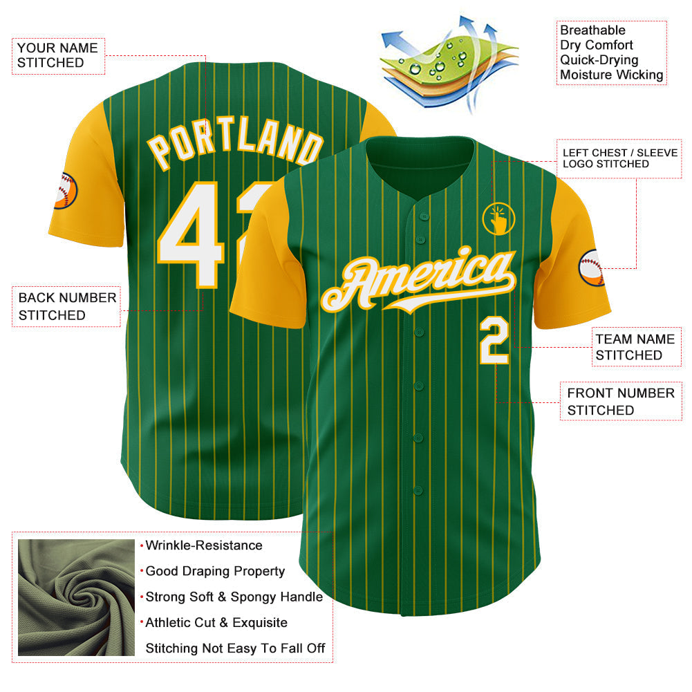 Custom Kelly Green Gold Pinstripe White Authentic Two Tone Baseball Jersey baseball jersey product view 3