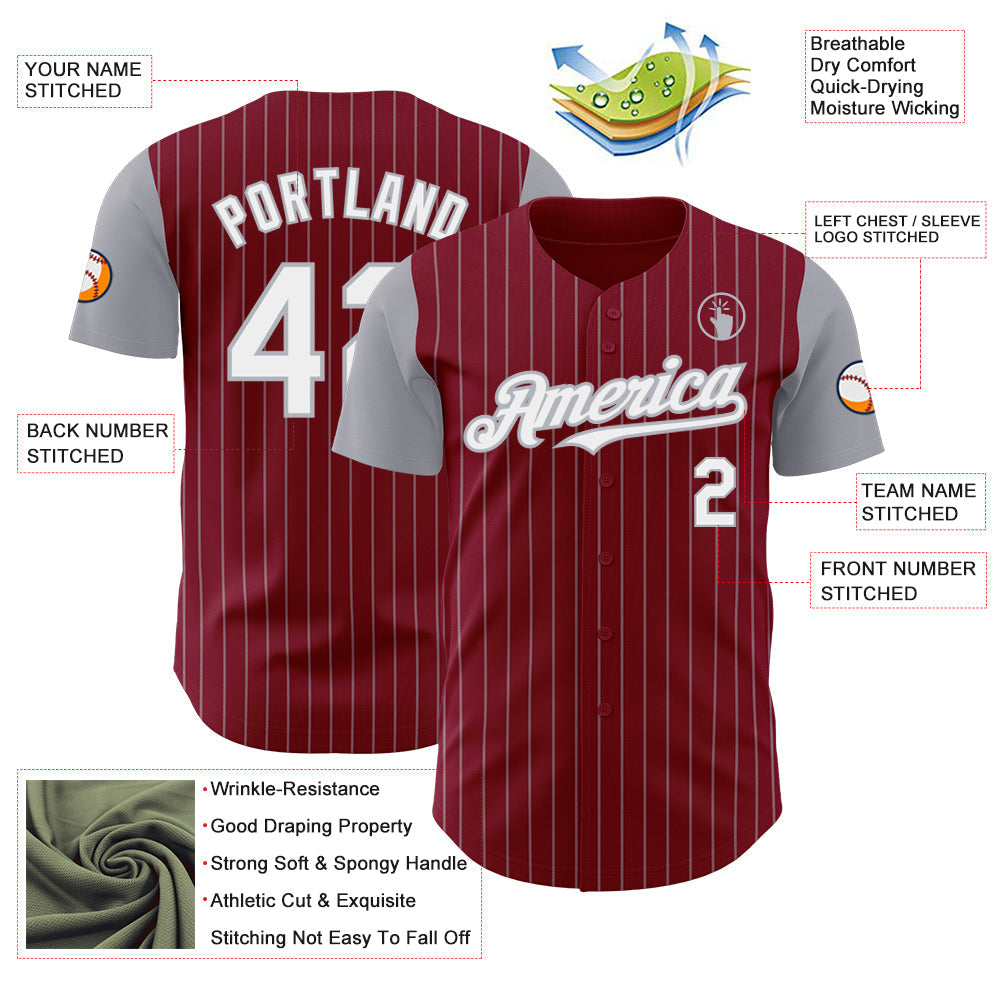 Custom Crimson Gray Pinstripe White Authentic Two Tone Baseball Jersey baseball jersey product view 3