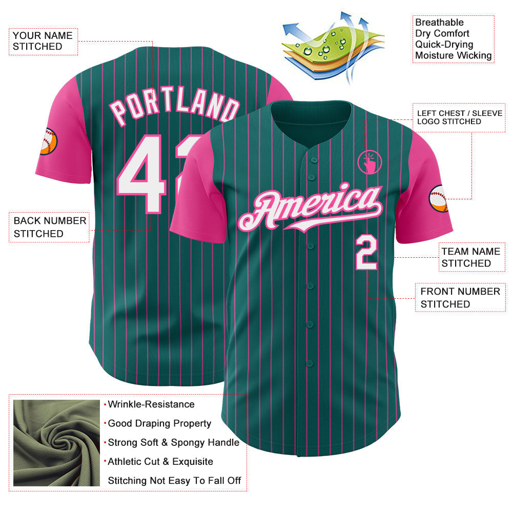 Custom Teal Pink Pinstripe White Authentic Two Tone Baseball Jersey baseball jersey product view 3